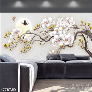 Tranh 3d dán tường cành hoa mộc lan bên ánh trăng tròn