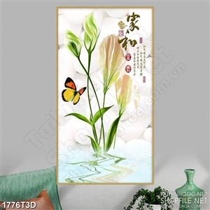 Tranh 3d treo tường chú bướm vàng bên bông hoa phù du