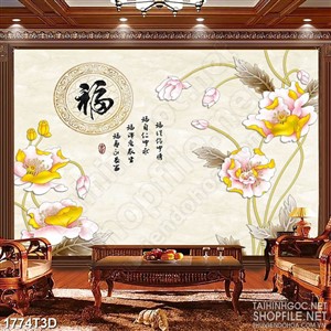 Tranh 3d dán tường những bông  sen hồng bên chữ hán