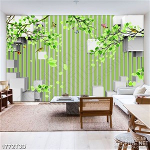 Tranh 3d treo tường những chiếc lá xanh rơi trong gió