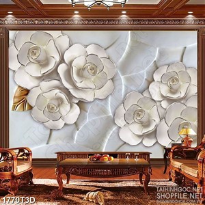 Tranh 3d dán tường đóa hoa trắng giả ngọc lá dáp vàng