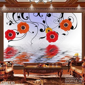 Tranh 3d dán tường bông hoa màu đỏ vàng trên mặt nước