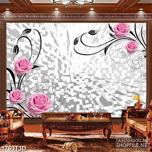 Tranh 3d  trang trí bông hoa hồng trên nền lập phương