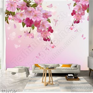 Tranh 3d  trang trí cành hoa đào nở rộ trên nền hồng