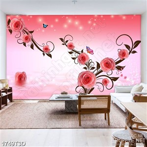 Tranh 3d nghệ thuật hoa hồng rơi trên mặt hồ nước