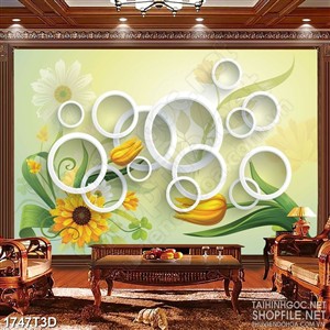 Tranh 3d  trang trí những hình tròn và bông hoa tulip