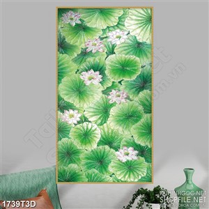 Tranh 3d  trang trí hồ hoa sen chen chúc màu lá xanh
