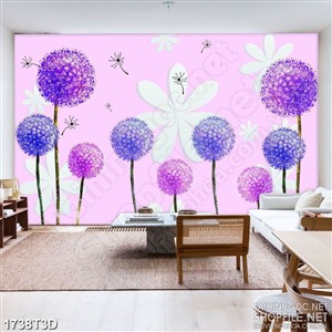 Tranh 3d dán tường cánh đồng hoa bồ công anh màu tím