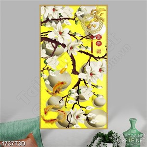 Tranh 3d nghệ thuật cành hoa đào trắng bên đàn cá chép