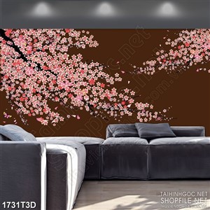 Tranh 3d  trang trí cành hoa anh đào rộ đầy hoa rực rỡ