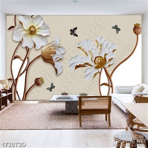 Tranh 3d dán tường bông hoa dáp vàng bên đàn bướm