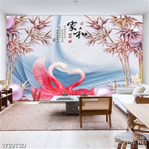 Tranh 3d nghệ thuật đôi thiên nga giả hồng ngọc và tre