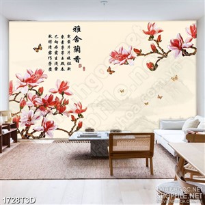 Tranh 3d treo tường cành hoa mộc lan bên đàn bướm