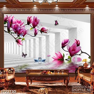 Tranh 3d  trang trí cành hoa mộc lan trên hồ thiên nga