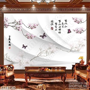 Tranh 3d dán tường cành hoa mộc lan bên đàn bướm xinh
