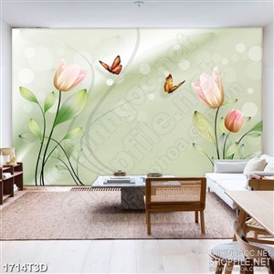 Tranh 3d dán tường những bông hoa tulip bên đàn bướm