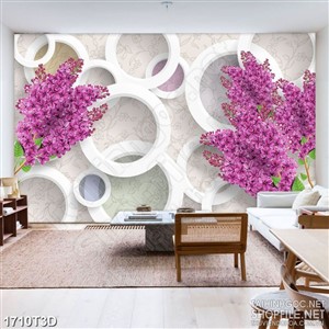 Tranh 3d dán tường nhành hoa tím trên nền hình tròn