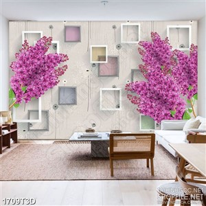 Tranh 3d nghệ thuật nhành hoa tím trên nền hình ô vuông