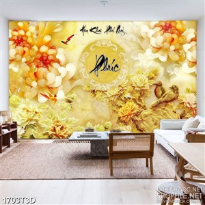 Tranh 3d  trang trí hoa cúc và hoa mẫu đơn giả ngọc psd