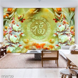 Tranh 3d treo tường hoa mẫu đơn và chữ hán giả ngọc