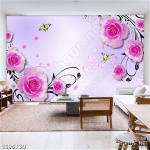 Tranh 3d  trang trí bông hoa hồng bên đàn bướm vàng