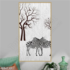 Tranh 3d dán tường đôi ngựa vằn trong khu rừng khô cằn
