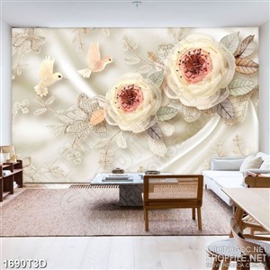 Tranh 3d dán tường những bông hoa trắng và đàn bồ câu
