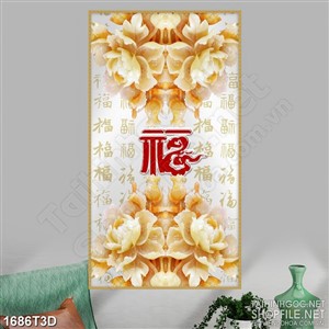 Tranh 3d dán tường hoa mẫu đơn giả ngọc bên chữ hán