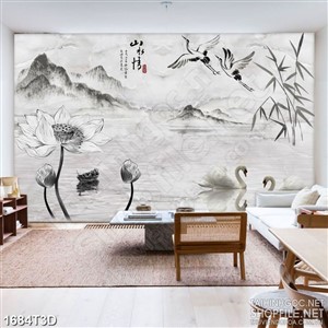 Tranh 3d treo tường những bông sen bên núi đen trắng