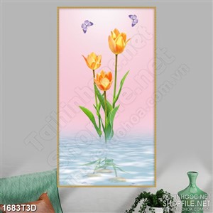 Tranh 3d trang trí hoa tulip giữa dòng nước và đàn bướm