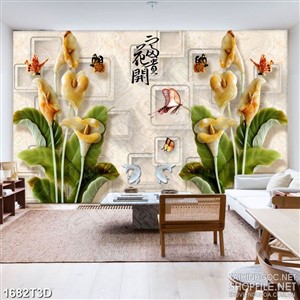 Tranh 3d dán tường cây hoa sứ bên đàn bướm giả ngọc