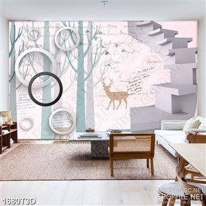 Tranh 3d treo tường  chiếc huơu trong rừng và cầu thang