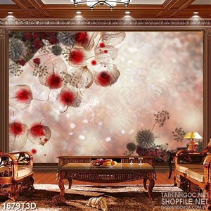 Tranh 3d  trang trí bông hoa phù du lấp lánh ánh màu đỏ