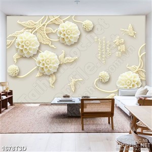 Tranh 3d dán tường những bông thược dược nở giả ngọc