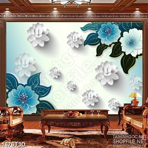Tranh 3d treo tường những bông hoa màu xanh và trắng