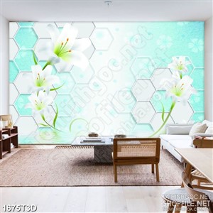 Tranh 3d  trang trí nhành hoa ly trắng trên mặt hồ nước