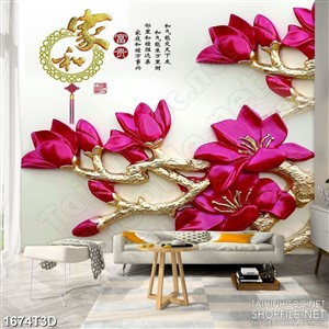 Tranh 3d dán tường những bông hoa lụa hồng thắm psd
