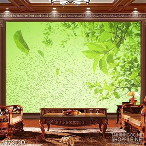 Tranh 3d nghệ thuật những chiếc lá xanh bay trong gió
