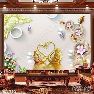 Tranh 3d  trang trí đôi thiên nga dáp vàng trên mặt hồ