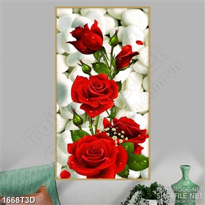 Tranh 3d treo tường nhành hoa hồng đỏ rực khoe sắc