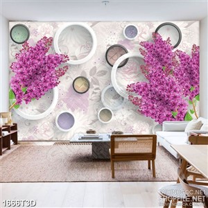 Tranh 3d dán tường nhành hoa tím trên nền họa tiết tròn