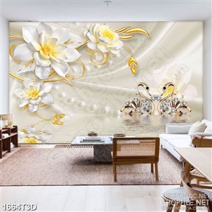 Tranh 3d treo tường bông hoa trắng trên hồ thiên nga