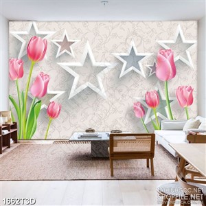 Tranh 3d dán tường hoa tulip trên nền hình ngôi sao