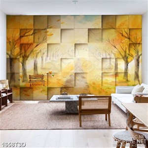 Tranh 3d dán tường hàng cây lá vàng mùa thu rụng lá