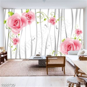 Tranh 3d  trang trí hoa hồng nhung bên rừng thân cây