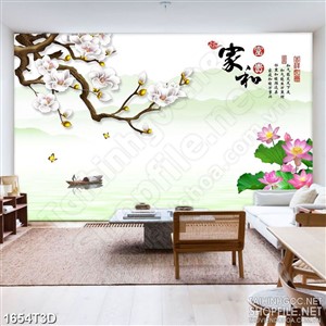 Tranh 3d dán tường người lái đò trên hồ hoa sen hồng