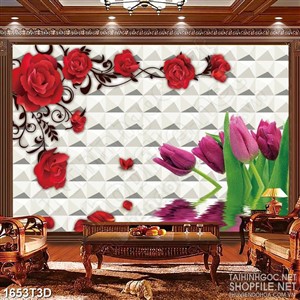 Tranh 3d nghệ thuật hoa hồng đỏ rực và hoa tulip hồng
