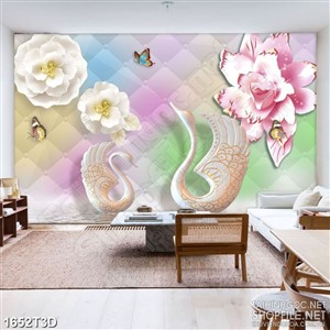 Tranh 3d treo tường hoa và đàn bướm bên đôi thiên nga