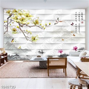 Tranh 3d dán tường cành hoa mộc lan bên hoa sen hồng