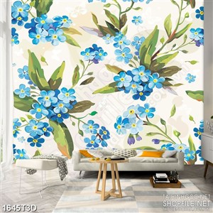 Tranh 3d nghệ thuật cành hoa nhí màu xanh dương psd